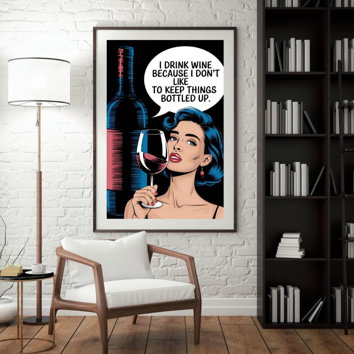 Pop Art Blue Haired Woman Keep Things Bottled Up Wine Pun Poster - Image 4