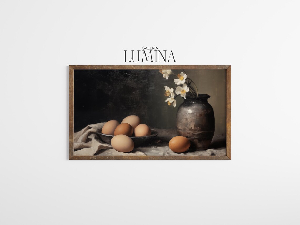 Moody Still Life Farm Eggs in Bowl Dark Vase White Flowers Oil Poster - Image 3