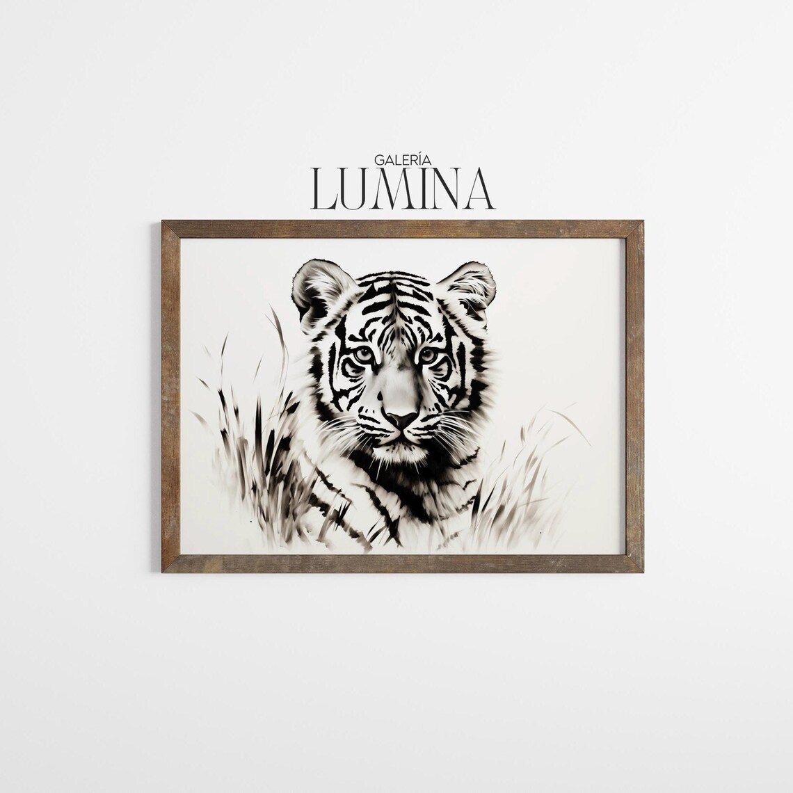 Black And White Tiger Portrait In Tall Grass Monochrome Wildlife Art Poster