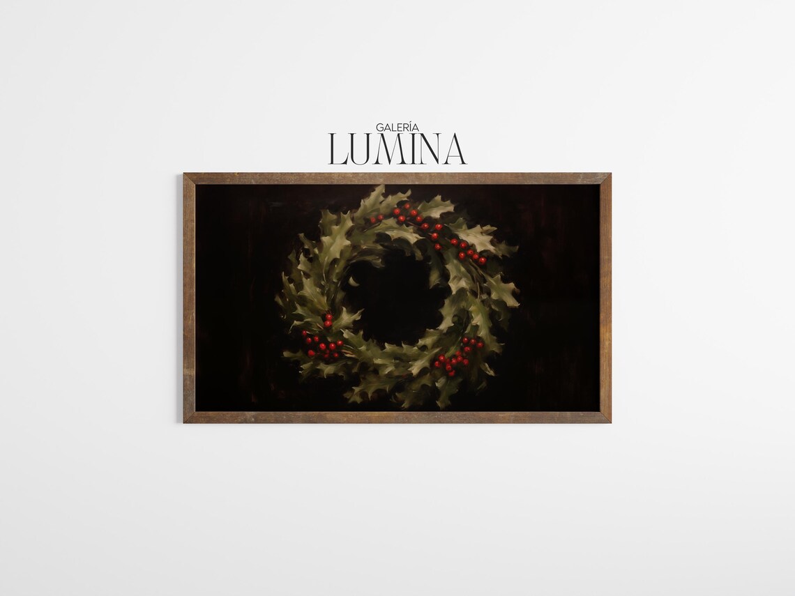 Dark Christmas Holly Wreath with Red Berries on Black Poster - Image 3