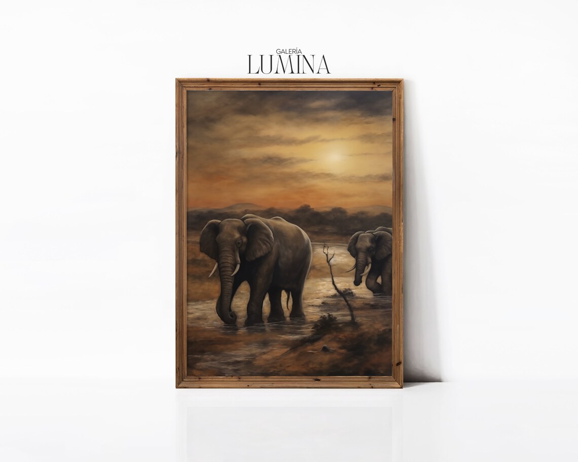 African Elephants Crossing River At Golden Sunset Wildlife Poster - Image 3