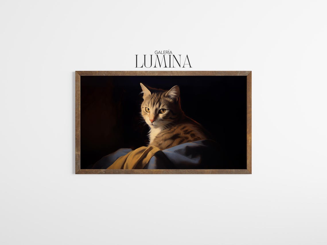 Dark Chiaroscuro Tabby Cat Portrait Draped Fabric Antique Poster - Image 3
