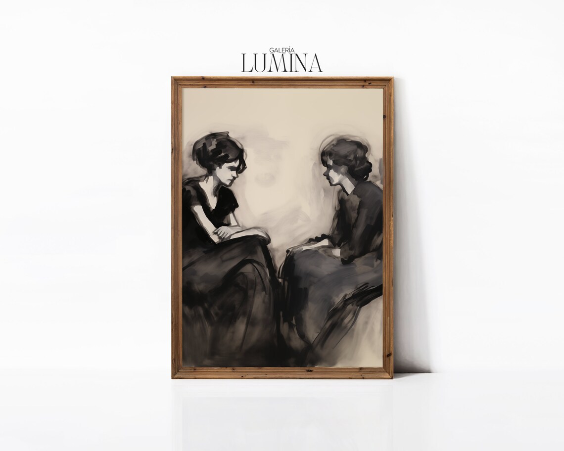 Two Seated Women Expressive Ink Wash Figurative Brushwork Portrait Poster - Image 3
