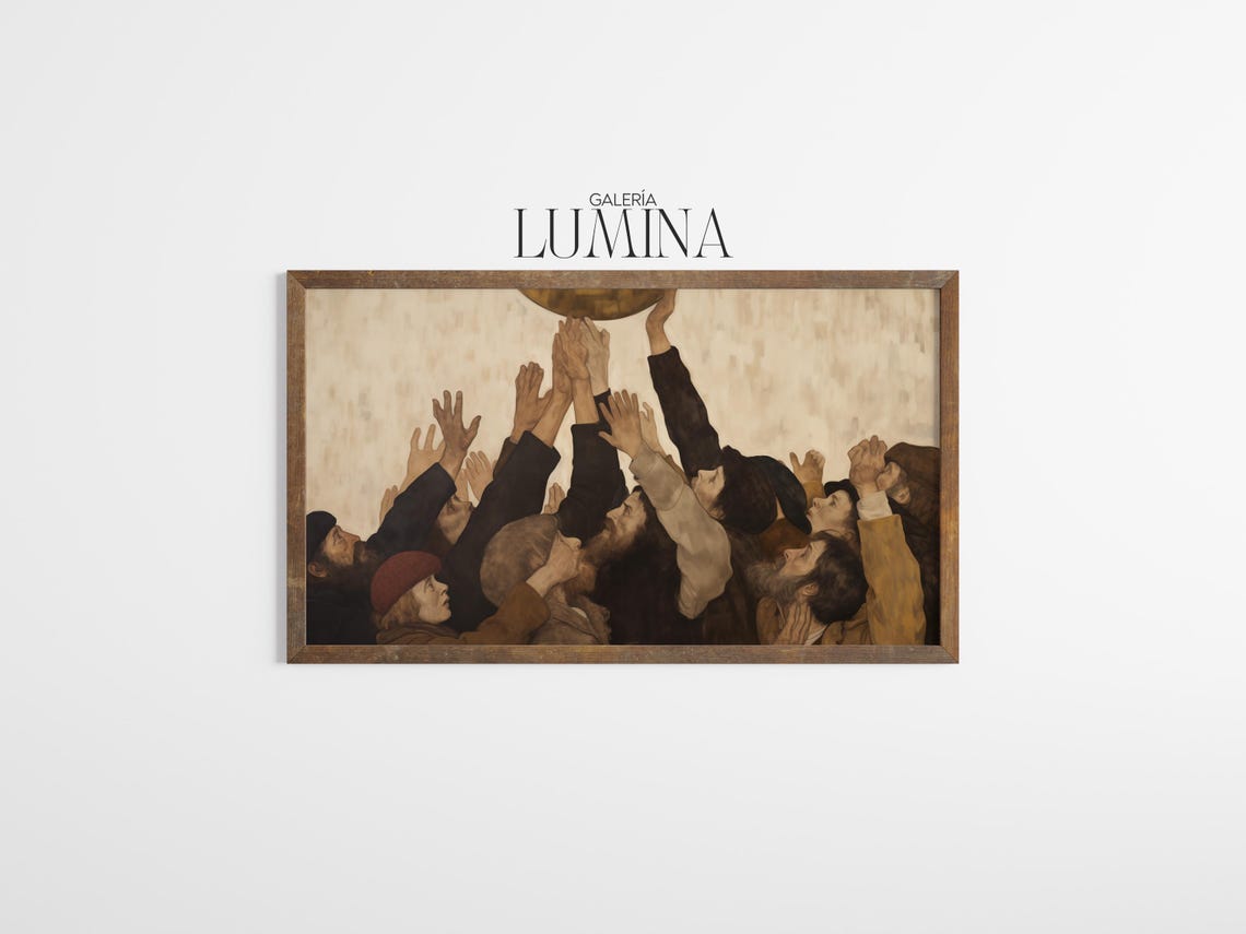 Expressionist Crowd Reaching Golden Orb Hands Unity Art Poster - Image 3