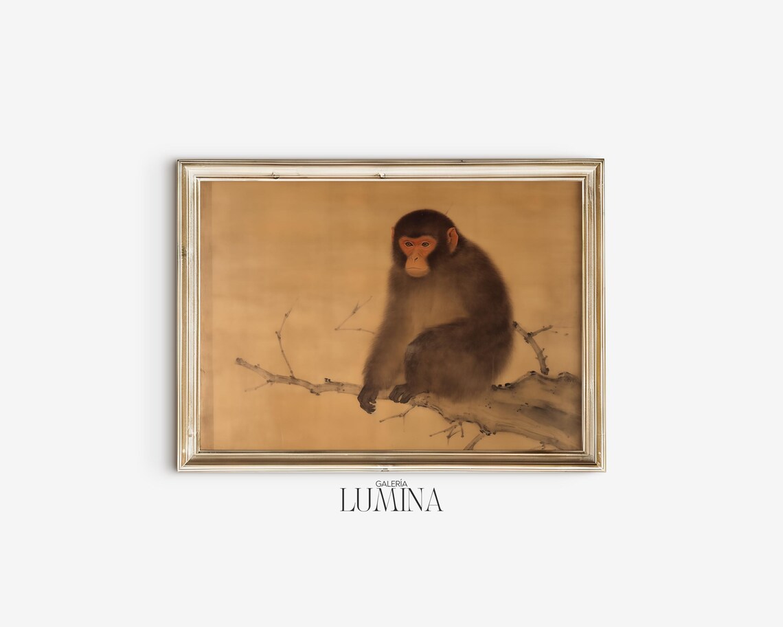 Japanese Snow Monkey Sitting On Branch Antique Asian Painting Poster - Image 2