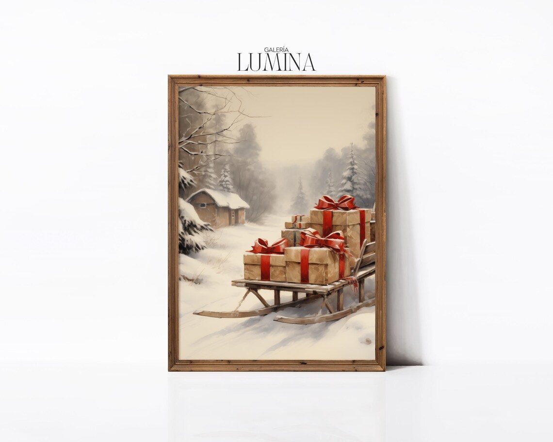 Gift Laden Wooden Sled in Snow Christmas Cabin Scene Art Poster - Image 2