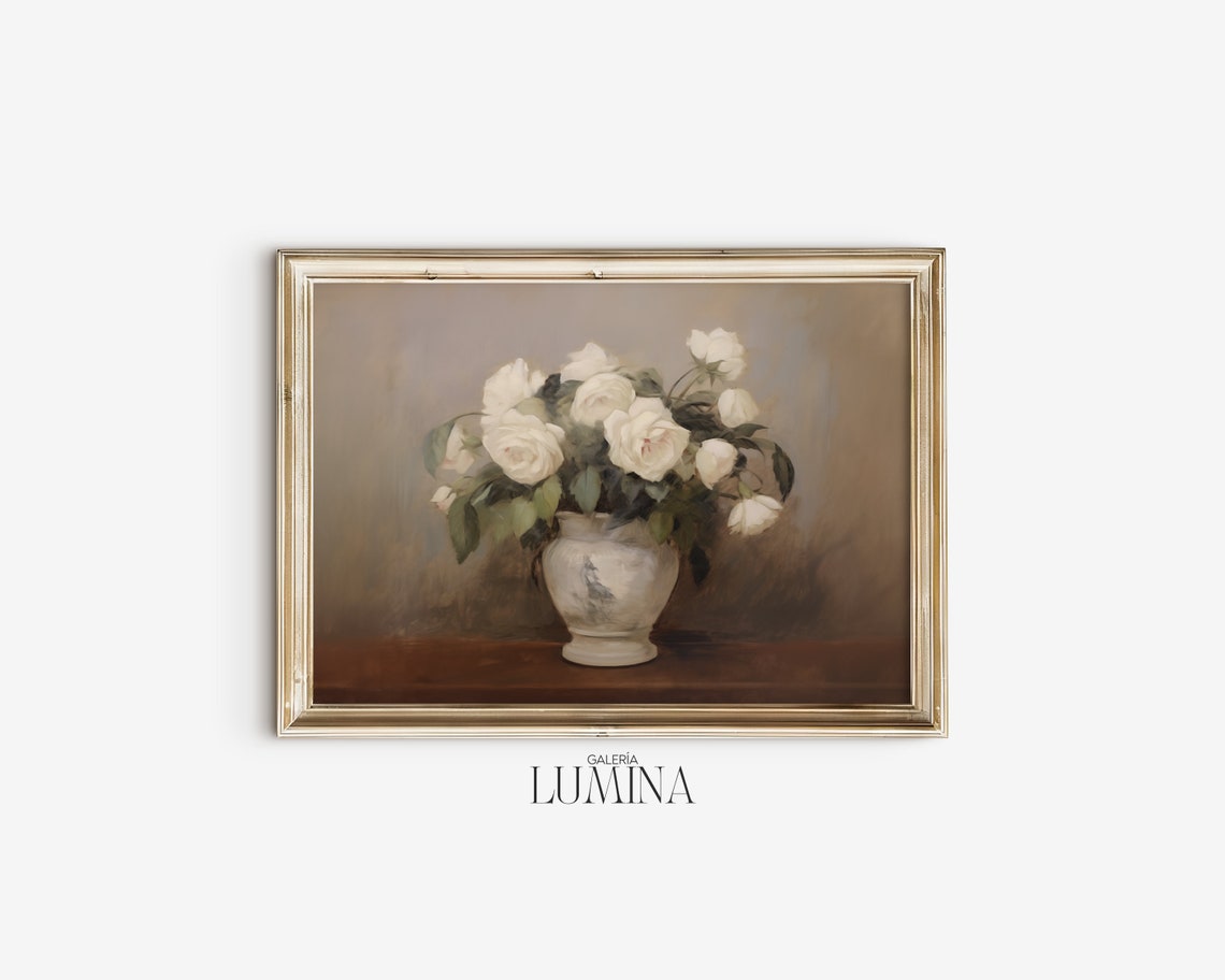 Vintage White Roses In Vase Oil Painting Still Life Moody White Flowers Art Botanical Farmhouse Print Art Frame Tv Art 272 - Image 2