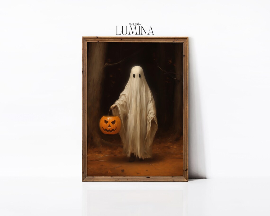 Ghost with Pumpkin Bucket Dark Forest Halloween Painting Poster - Image 3