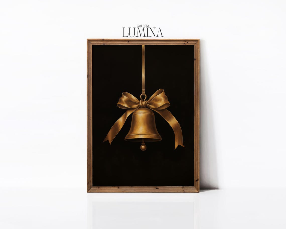 Vintage Gold Christmas Bell Painting Minimalist Golden Jingle Bell Art Print Moody Seasonal Painting Art Frame Tv Art 727 - Image 2