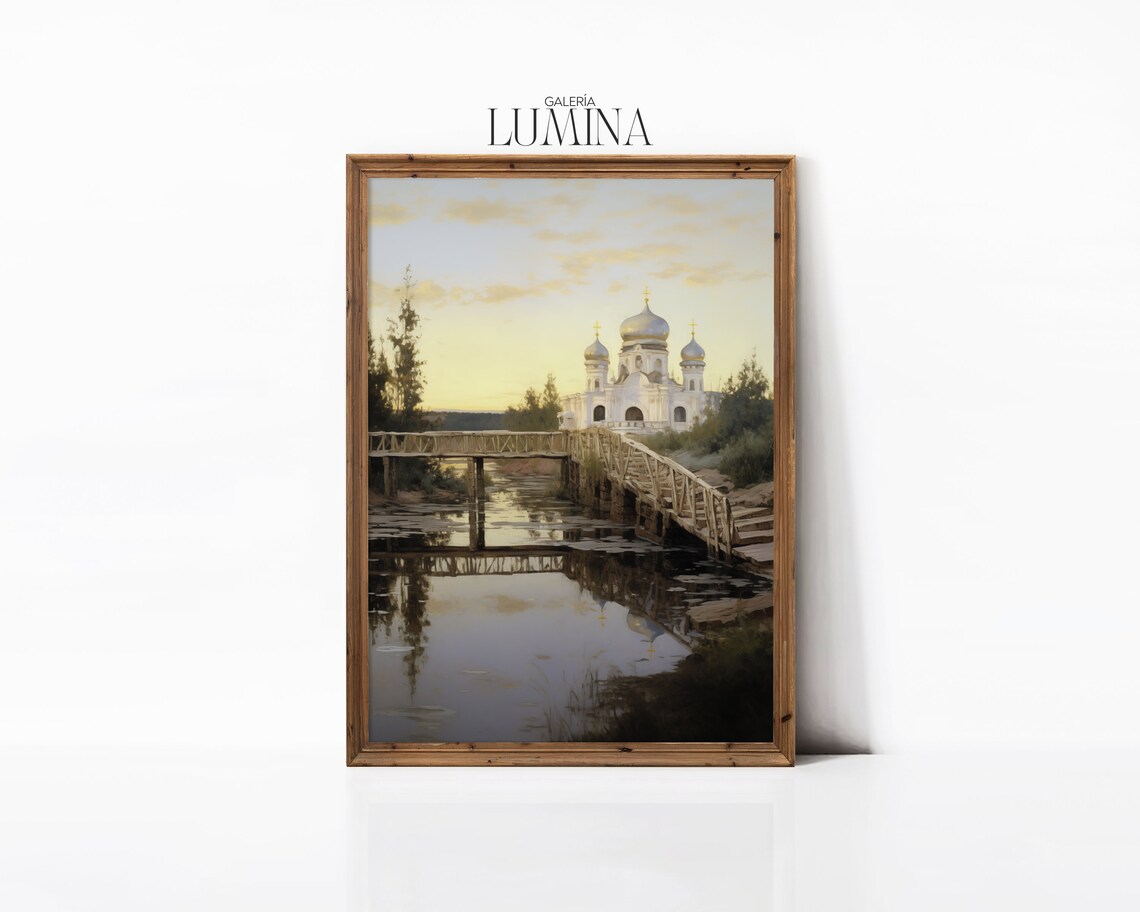 Wooden Bridge to Domed Church Still River Religious Painting Poster - Image 3
