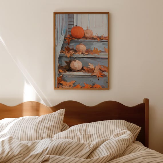 Rustic Pumpkin Porch Print Autumn Leaves Blue Wood Steps