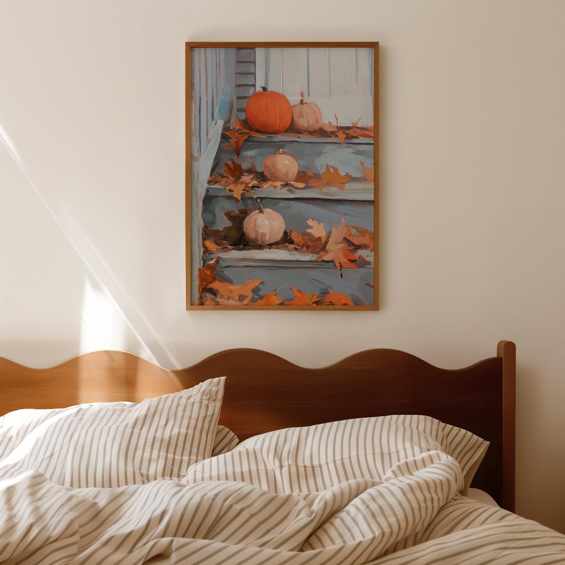 Rustic Pumpkin Porch Print Autumn Leaves Blue Wood Steps