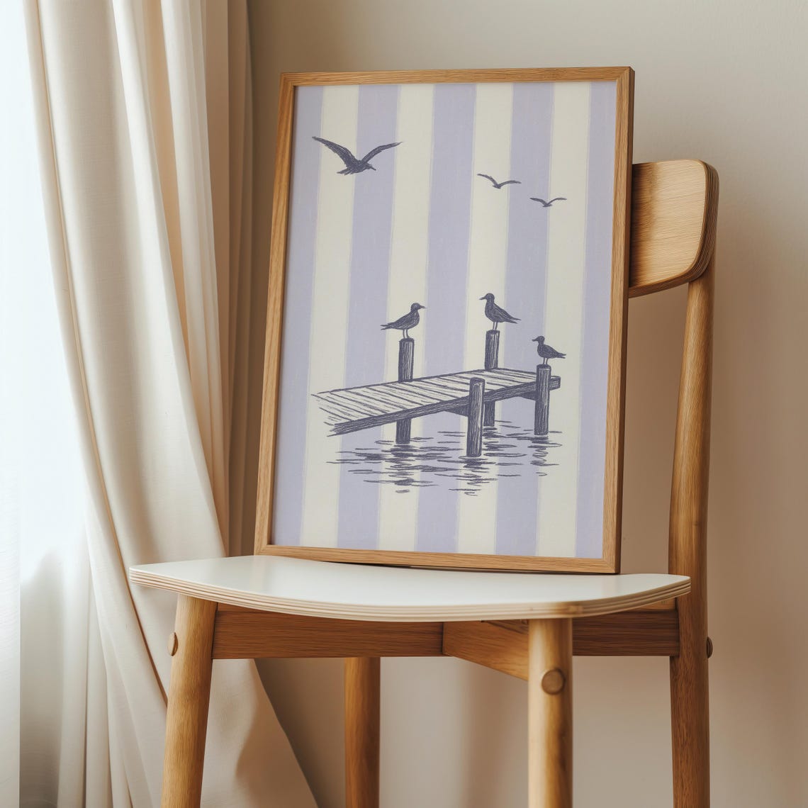 Gulls On Wooden Pier Lavender Striped Coastal Sketch Wall Art