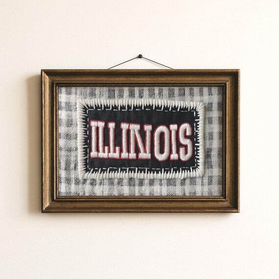 Illinois State Embroidered Patch Vintage Stitched Gingham Plaid Print