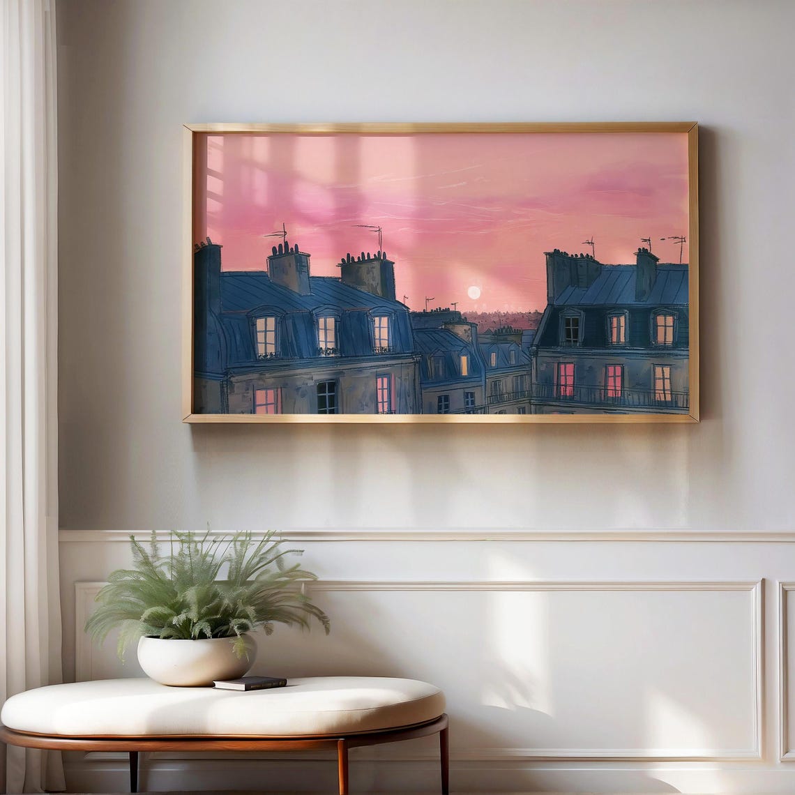 Parisian Rooftops At Pink Sunset Mansard Buildings Cityscape Poster