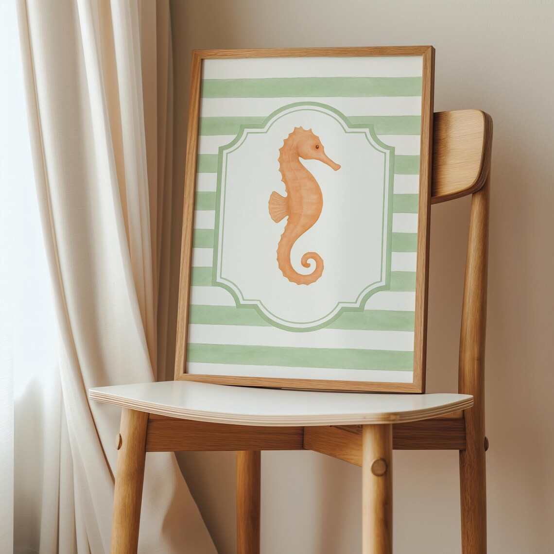 Seahorse Coastal Watercolor Art Print on Green Striped Nursery Background