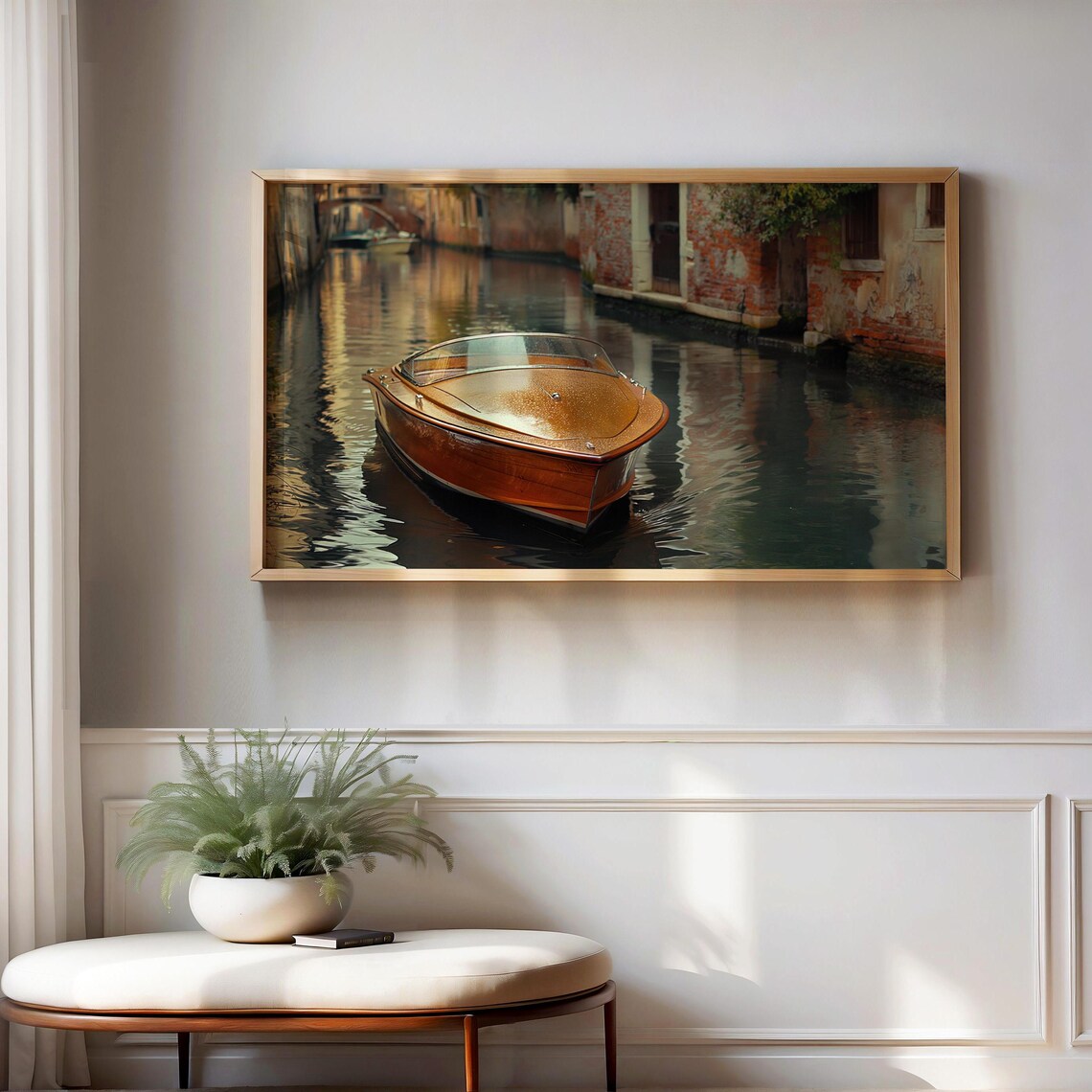 Classic Wooden Motorboat On Venetian Canal Photorealistic Poster