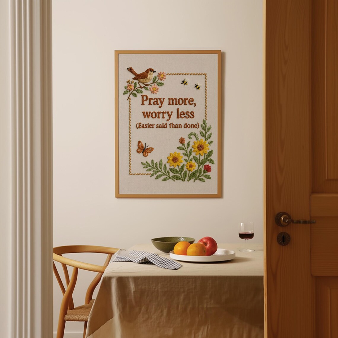 Embroidered Bible Verse Print Pray More Worry Less Floral Christian Wall Art