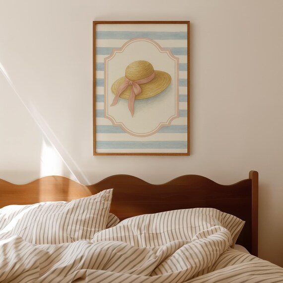 Straw Sun Hat with Pink Bow on Blue Stripes Coastal Nursery Wall Poster