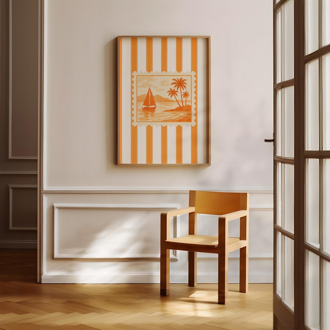 Orange Stripe Sailboat Palm Island Stamp Coastal Bedroom Print