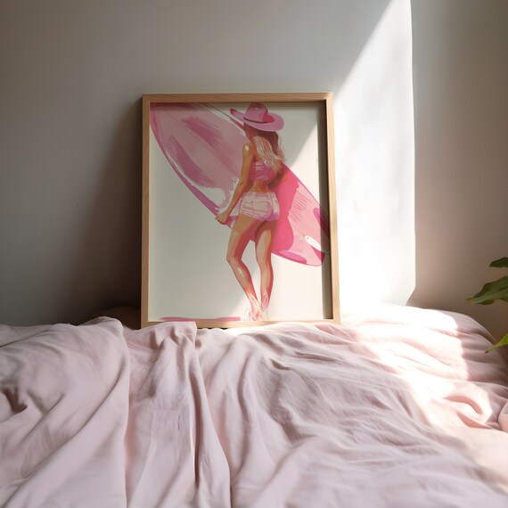 Pink Surf Girl Cowgirl with Surfboard Retro Western Beach Art Poster