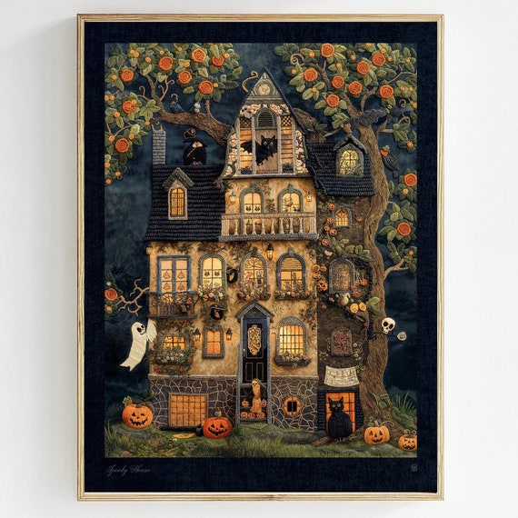 Haunted Halloween House Art Spooky Autumn Wall Decor Whimsical Illustration
