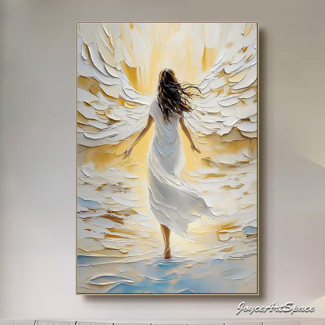 White Winged Angel Woman Golden Heavenly Light 3D Impasto Poster