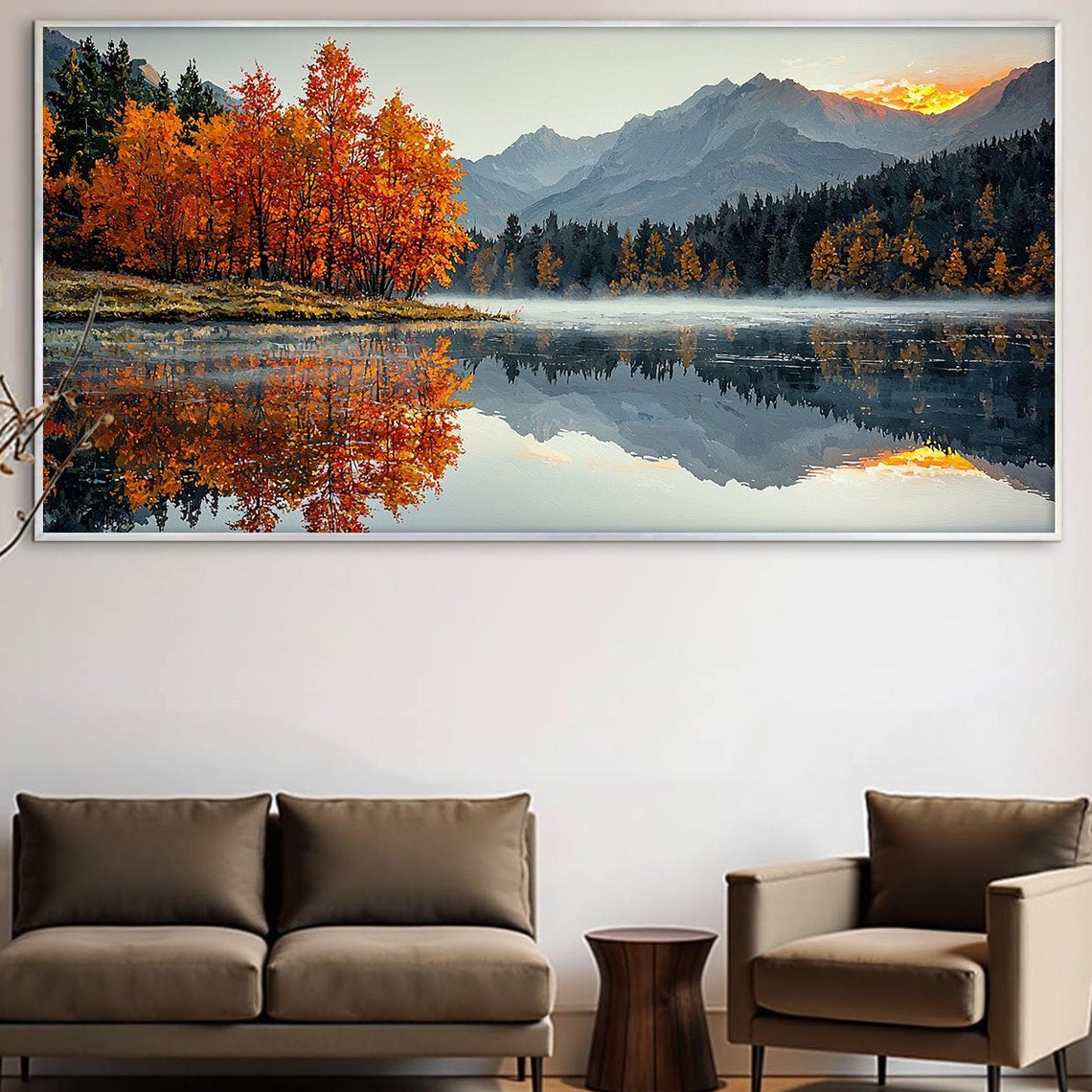 Autumn Mountain Lake Reflection Orange Trees Sunrise Art Poster