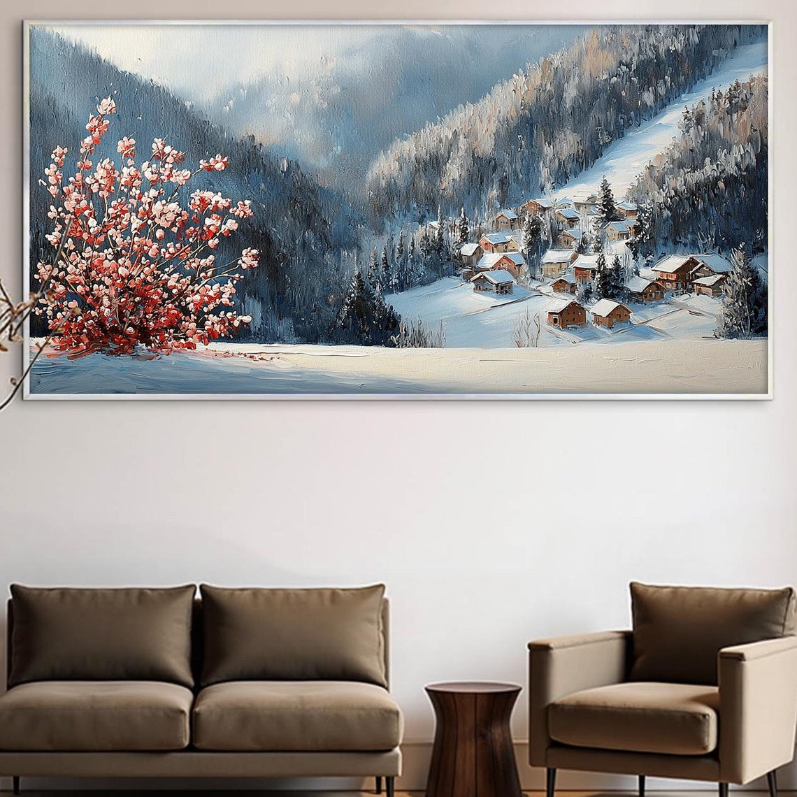 Snowy Village Pink Blossom Tree Winter Landscape Impasto Art Poster