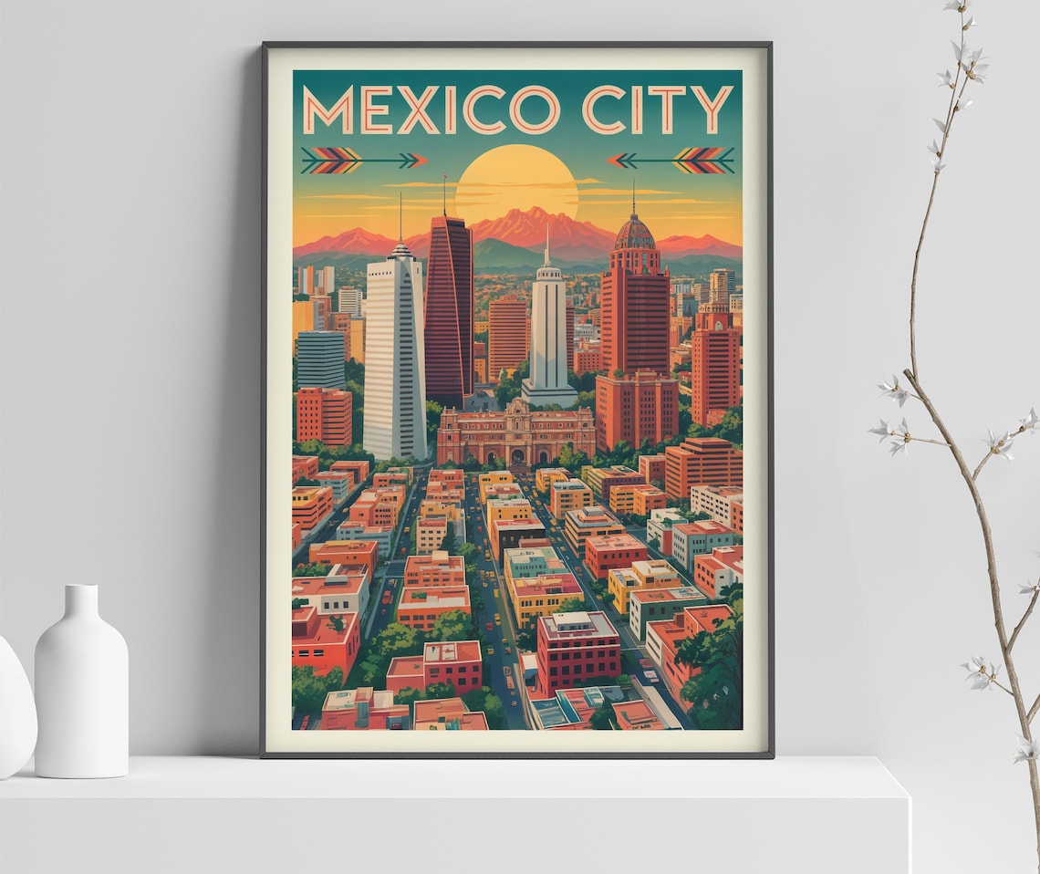 Mexico City Skyline Cityscape Golden Sunset Vintage Travel Poster