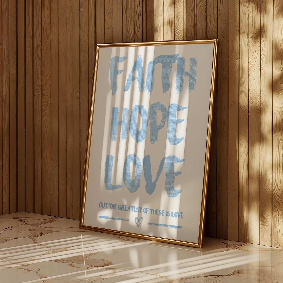 Faith Hope Love Blue Brush Lettering White Scripture Quote Poster - Image 3