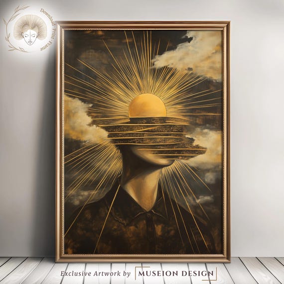 Golden Sunburst Woman Portrait Abstract Celestial Art