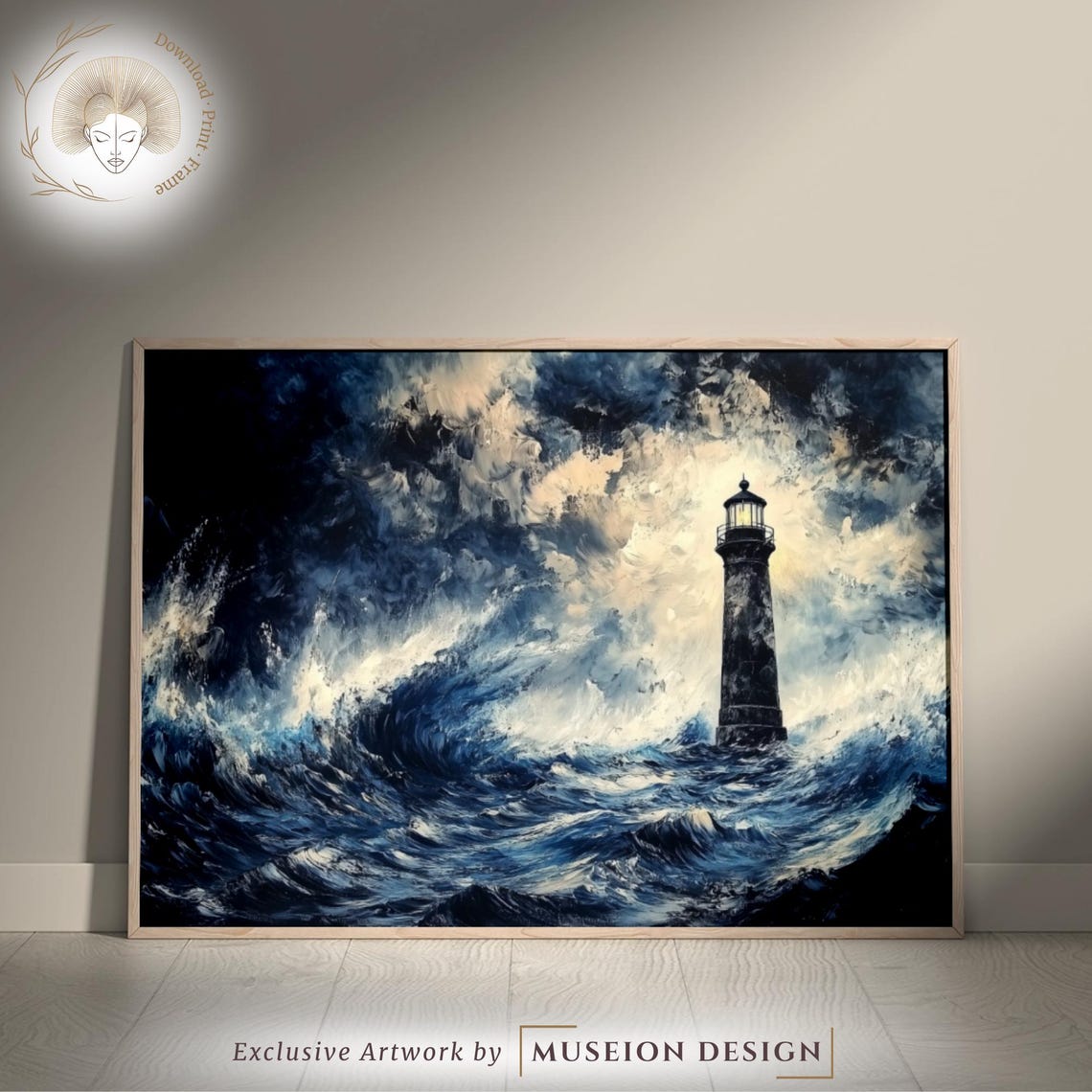 Lighthouse Stormy Sea Dramatic Waves Oil Painting Nautical Wall Art