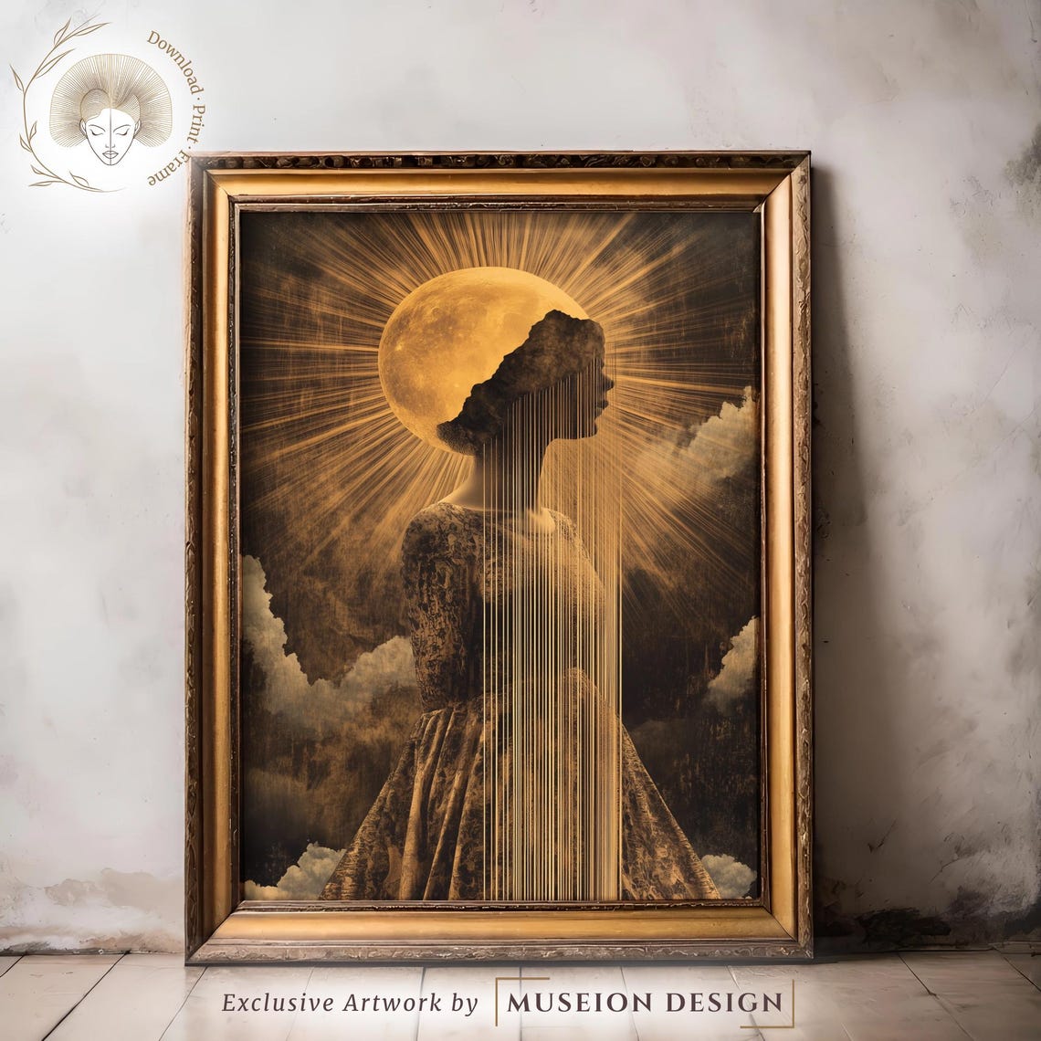 Celestial Woman Golden Moon Rays Dark Clouds Surreal Portrait Poster