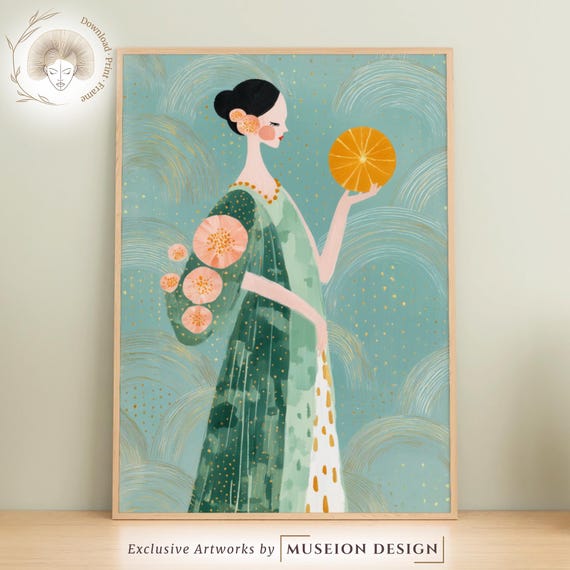 Elegant Woman In Green Dress Art Print Boho Fashion Portrait