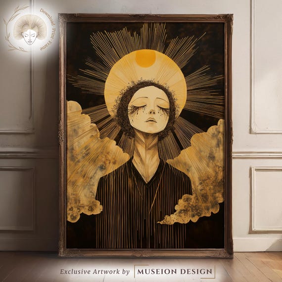 Golden Line Woman Portrait Celestial Sunburst Dark Moody Art Poster