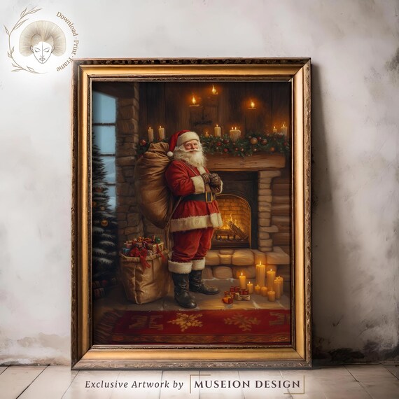 Vintage Santa Claus Fireplace Gift Sack Candlelit Hearth Holiday Oil Poster