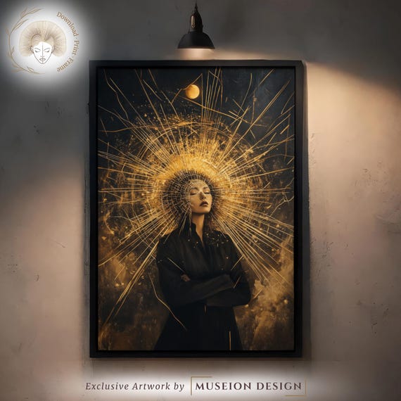 Radiant Golden Portrait Abstract Woman Oil Painting Celestial Sunburst Wall Art Black And Gold