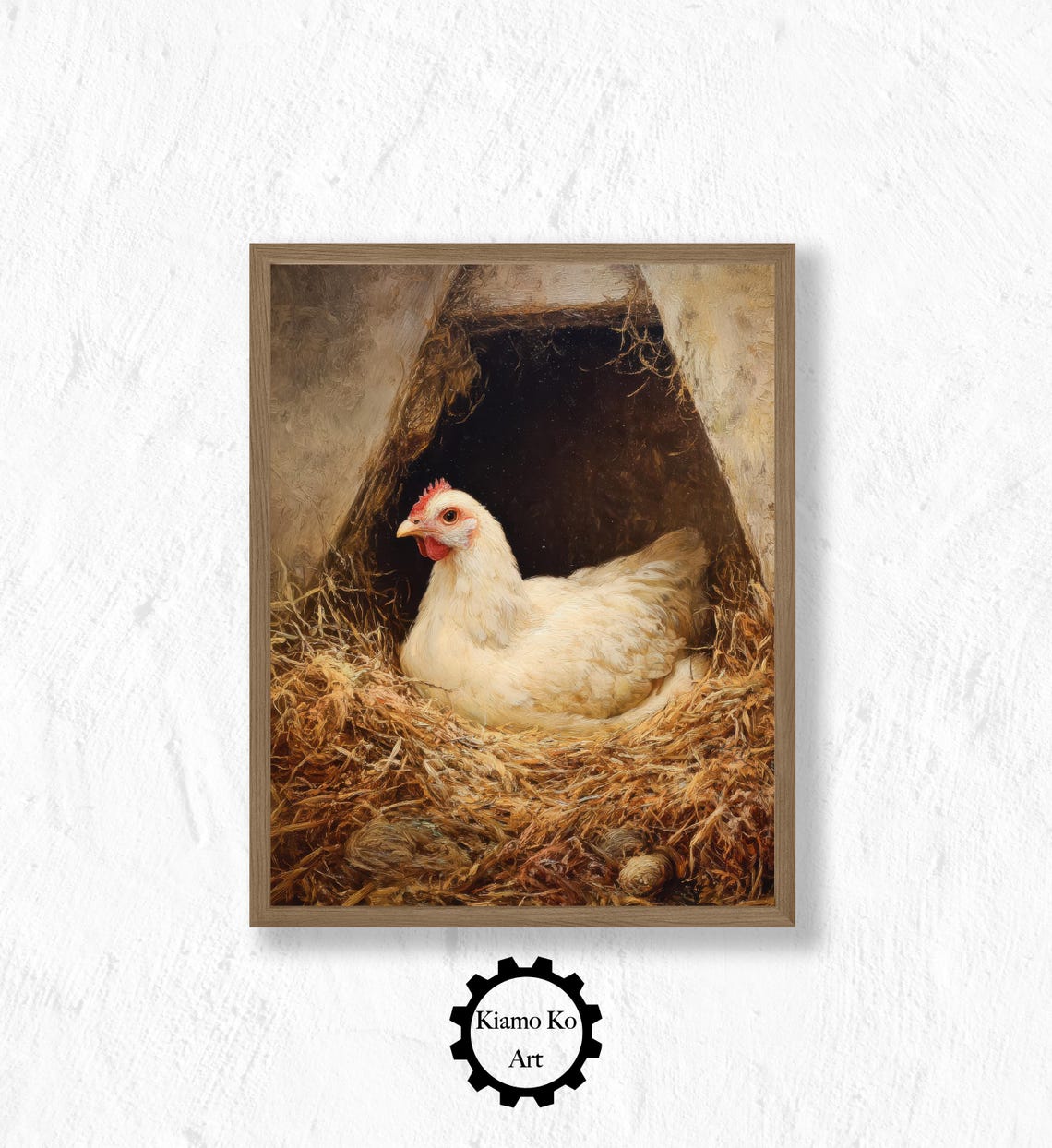 White Chicken Nesting In Straw Rustic Farmhouse Coop Scene Poster