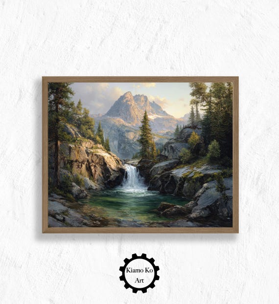Serene Mount Stream Rustic Waterfall Art Print Nature Wall Decor Cozy Home Landscape Gift For Lovers