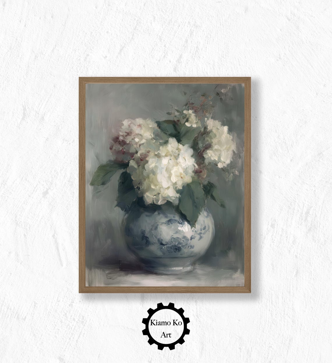White Hydrangeas in a Blue Porcelain Vase Soft Floral Art Poster