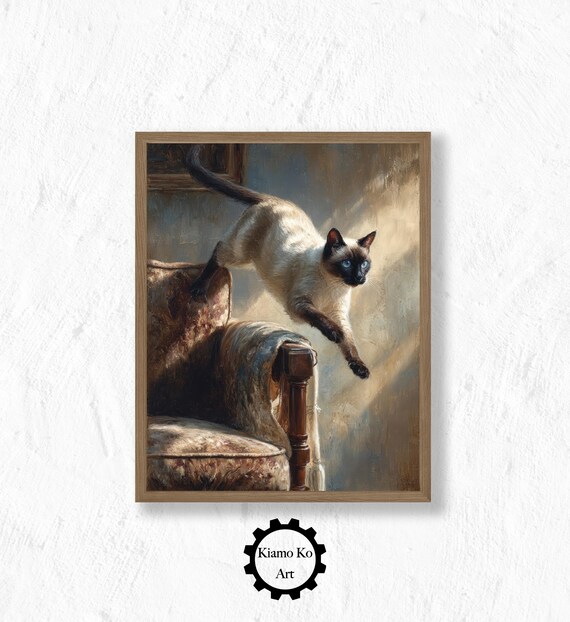 Elegant Siamese Cat Sitting On A Vintage Chair By The Window Poster