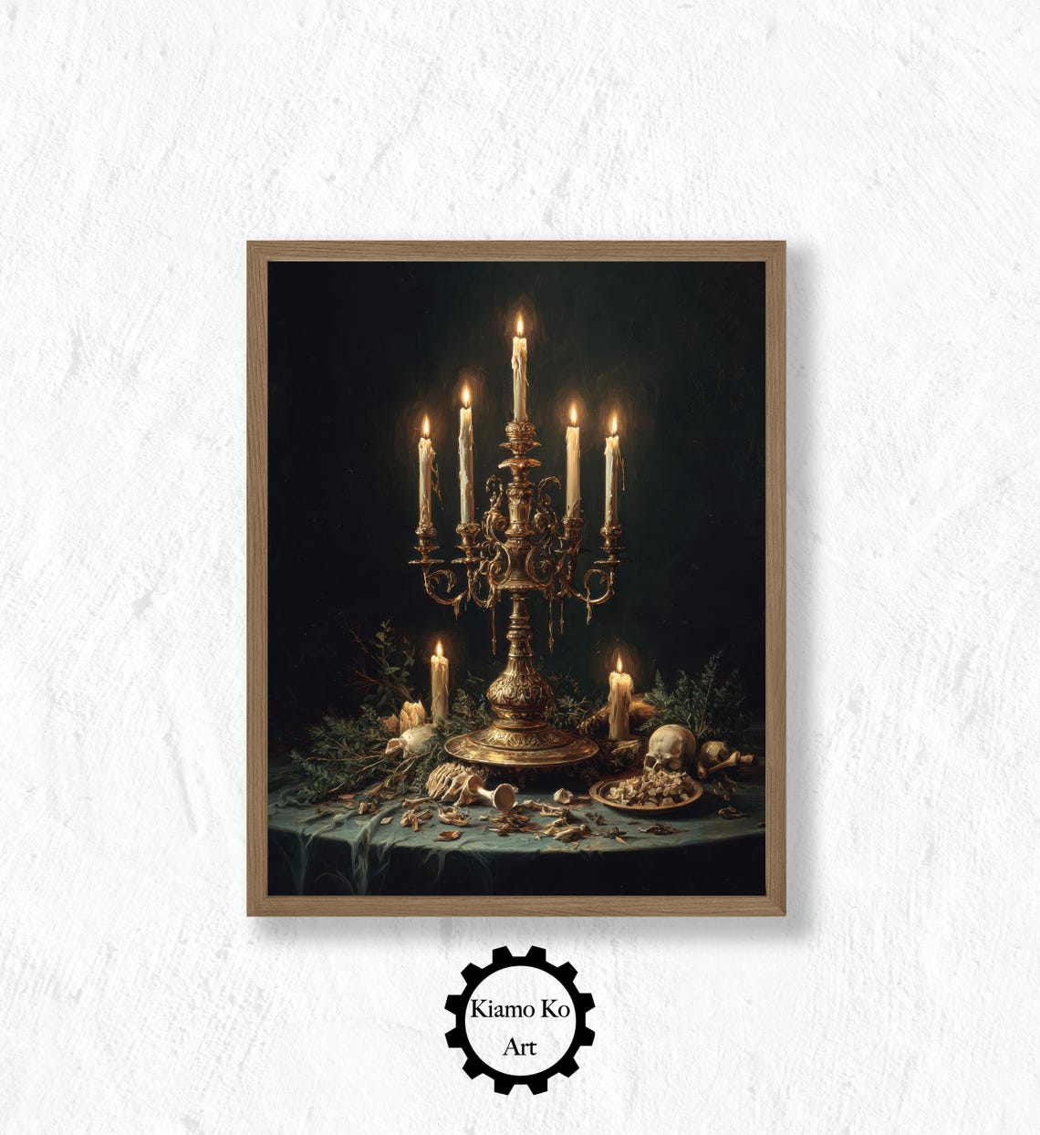 Human Skull On Old Books With Candles Dark Gothic Still Life Print
