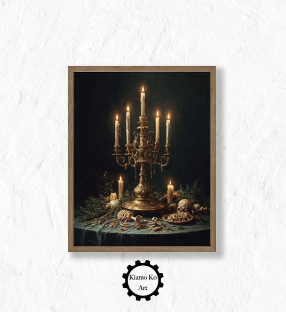 Moody Candle And Skull Art Gothic Decor Wall Dark Halloween Vintage