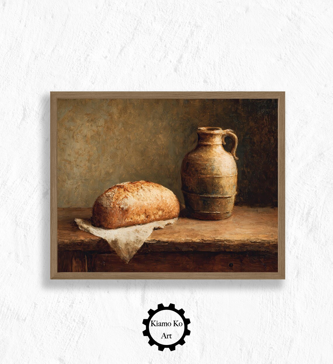 Rustic Still Life of Bread Loaf and Clay Jug Farmhouse Art Poster