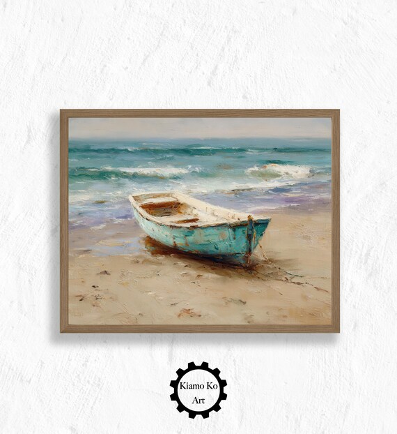 Weathered Turquoise Rowboat On A Sandy Beach With Waves Poster