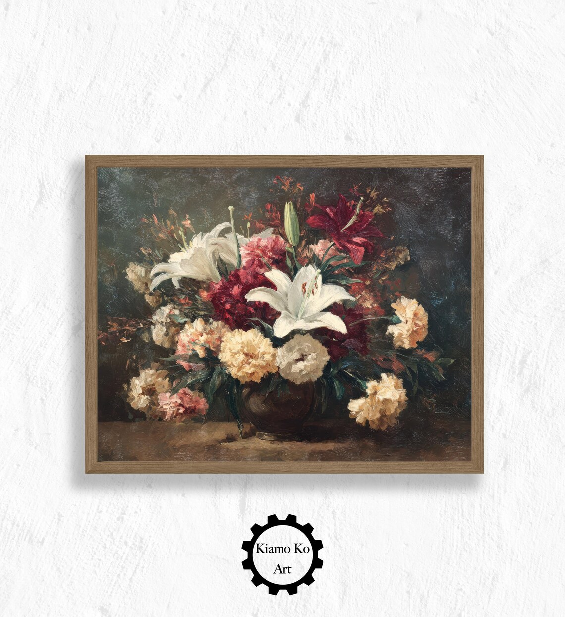 Moody Still Life of White Lilies and Red Blooms in a Vase Art Poster