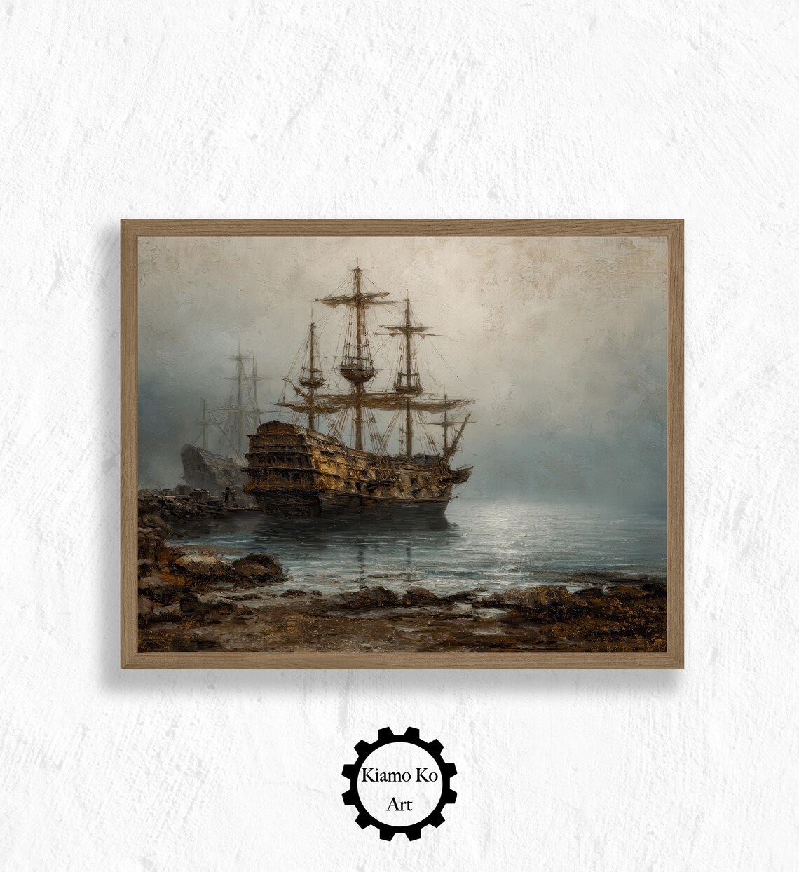 Tall Sailing Ship Anchored Near a Rocky Shore in Soft Mist Painting Poster