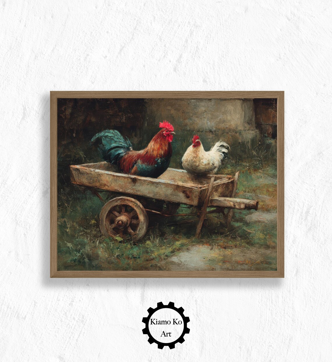 Charming Chickens in a Wheel, Rustic Farmhouse Art
