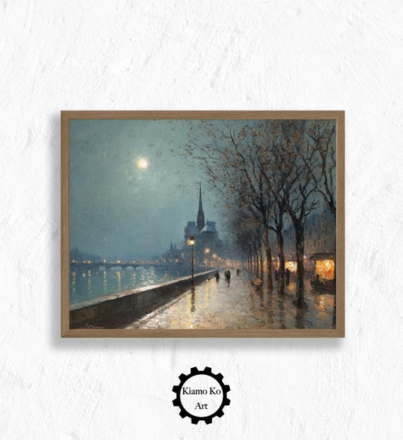 Enchanting City Nights Landscape Art Print Nighttime Street Decor Cozy Home Vintage Wall Modern Architecture